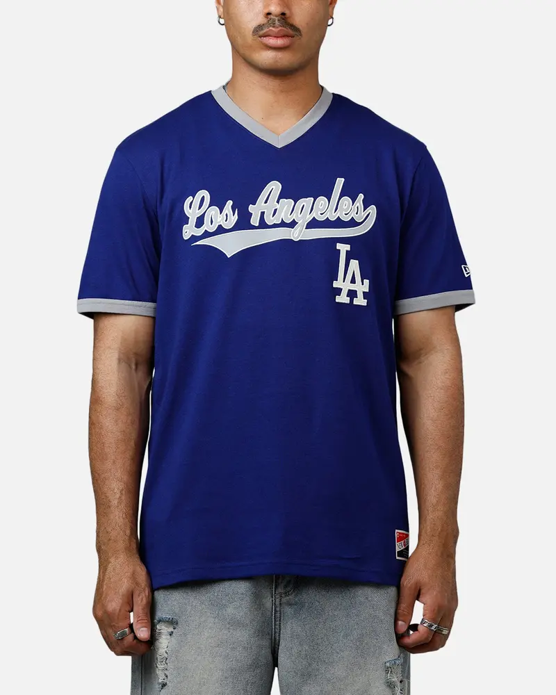 New Era Los Angeles Dodgers Throwback V-Neck T-Shirt Royal Blue 1