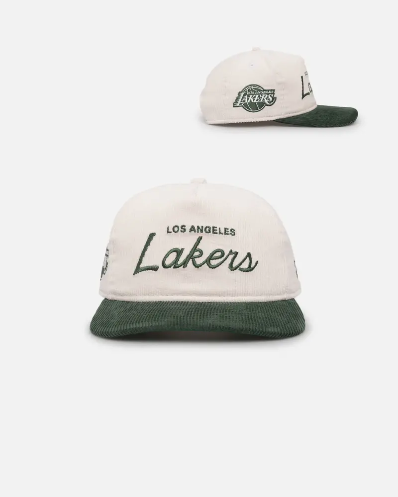 New Era Los Angeles Lakers 'Currency Corduroy' Golfer Pre-Curved Snapback Chrome White 1