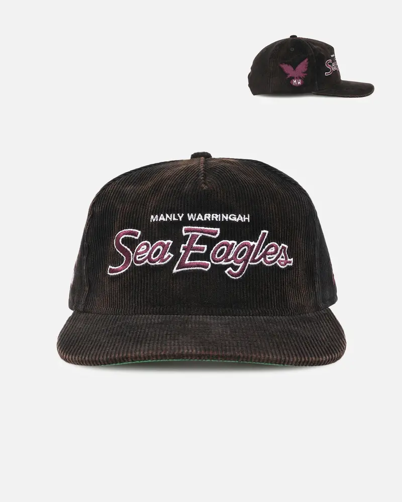 New Era Manly Warringah Sea Eagles 'Nrl Golfer Washed Black' Pre-Curved Corduroy Golfer Snapback Washed Black 1