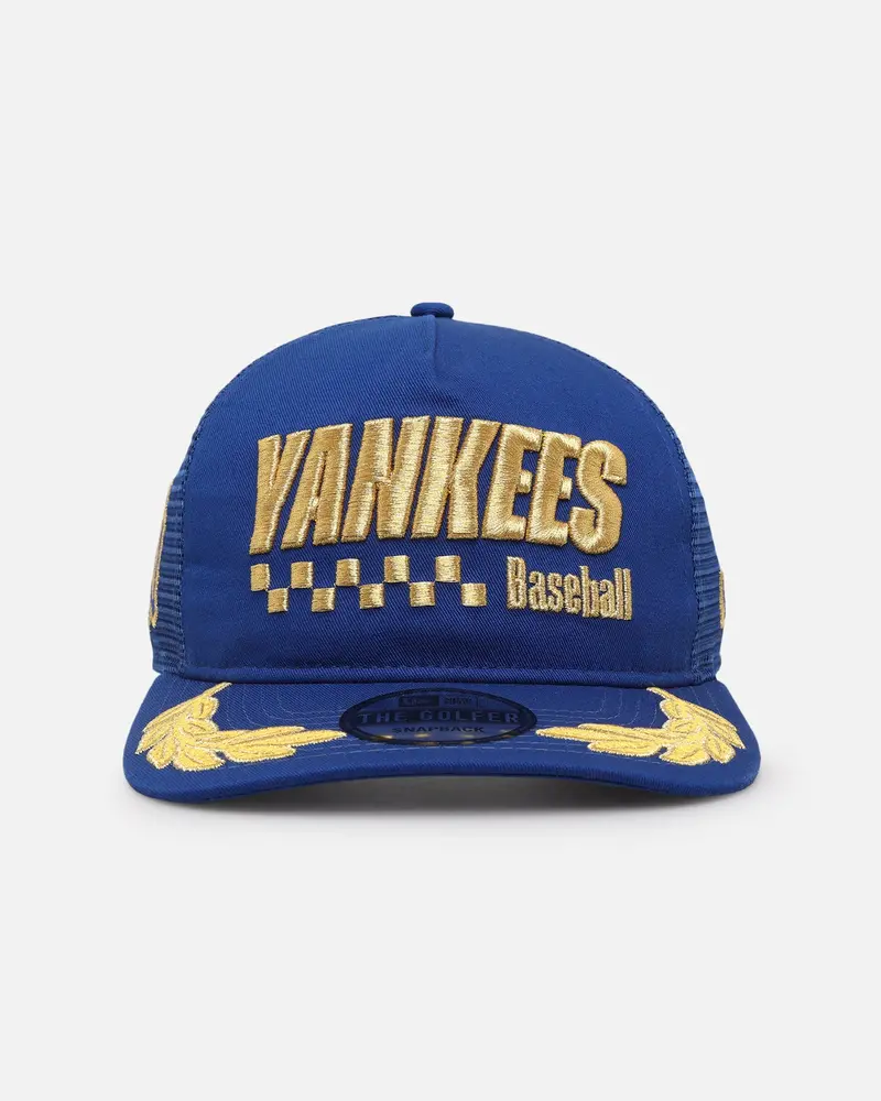New Era New York Yankees 'Racer Golfer' Pre-Curved Golfer Trucker Snapback Light Royal/Metallic Gold 1