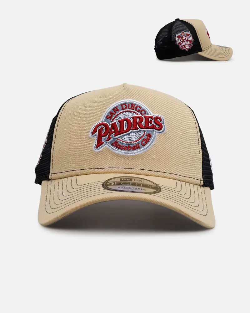 New Era San Diego Padres 'Vintage Truckers' 9Fortty A-Frame Trucker Snapback Vegas Gold 1