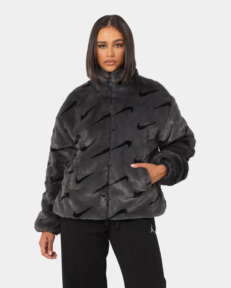 Nike Women's Nike Sportswear Faux Fur All Over Print Jacket Dark Smoke Grey/Black 1