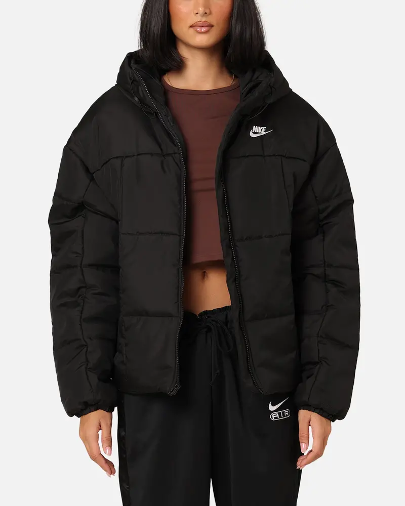 Nike Women's Sportswear Classic Puffer Therma-Fit Loose Hooded Jacket Black/White 1