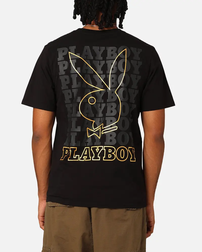Playboy Linear Classic Bunny Stack T-Shirt Washed Black 1