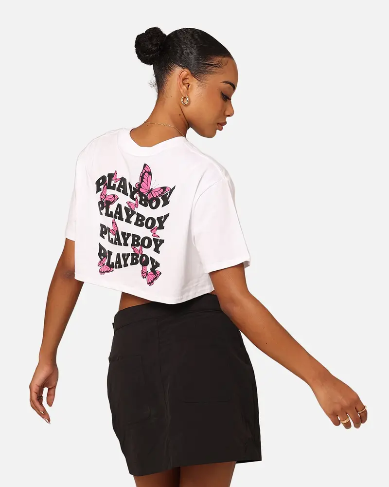 Playboy Women's Butterfly Cropped T-Shirt White 1