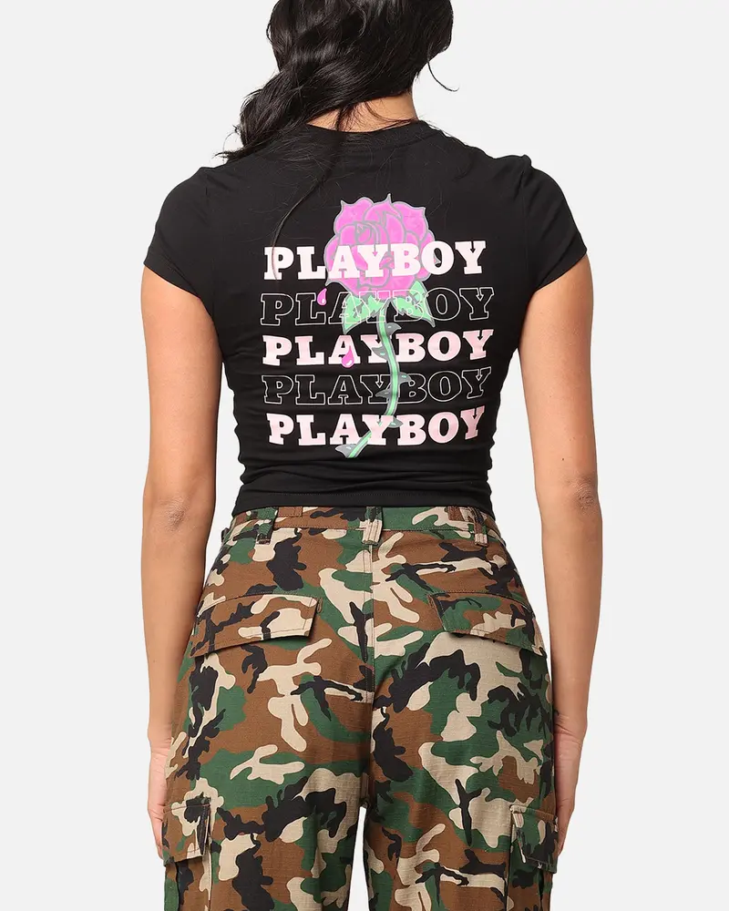 Playboy Women's Rose Stacked Baby T-Shirt Black 1