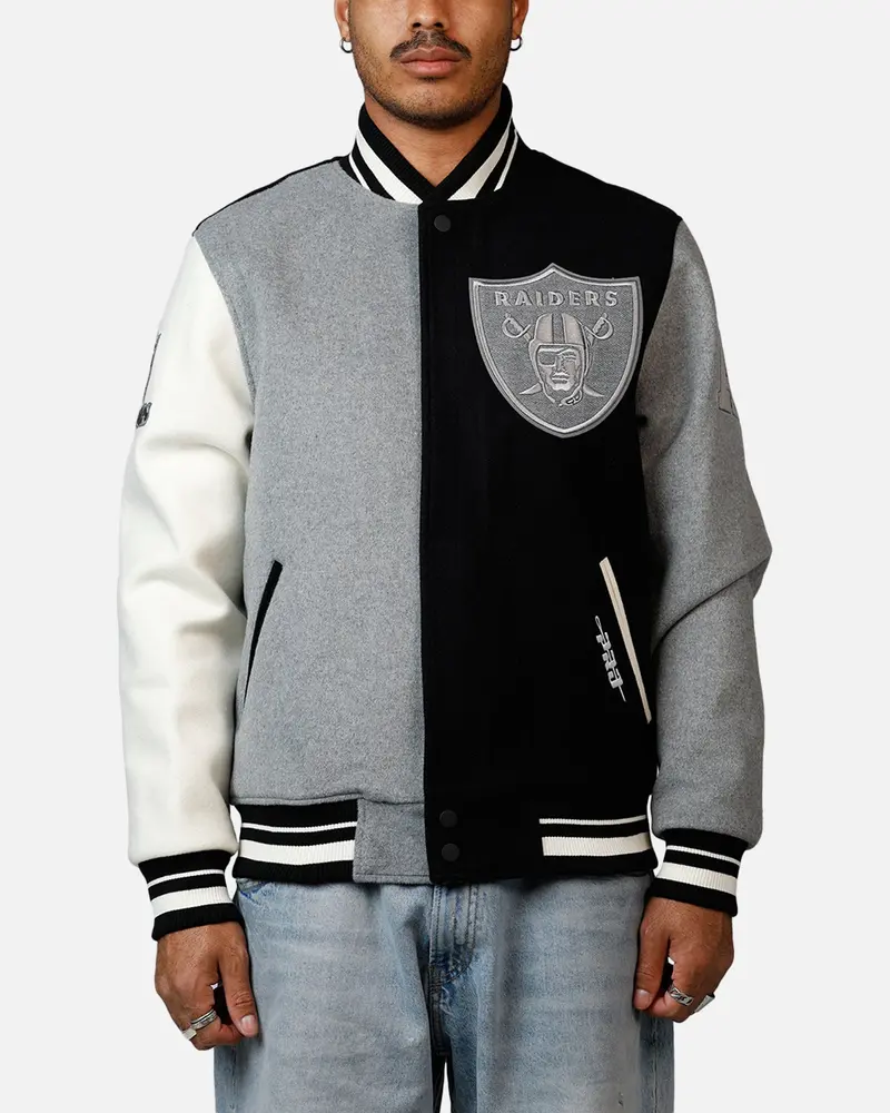 Pro Standard Las Vegas Raiders Reverse French Terry Wool Varsity Jacket Black/Grey 1