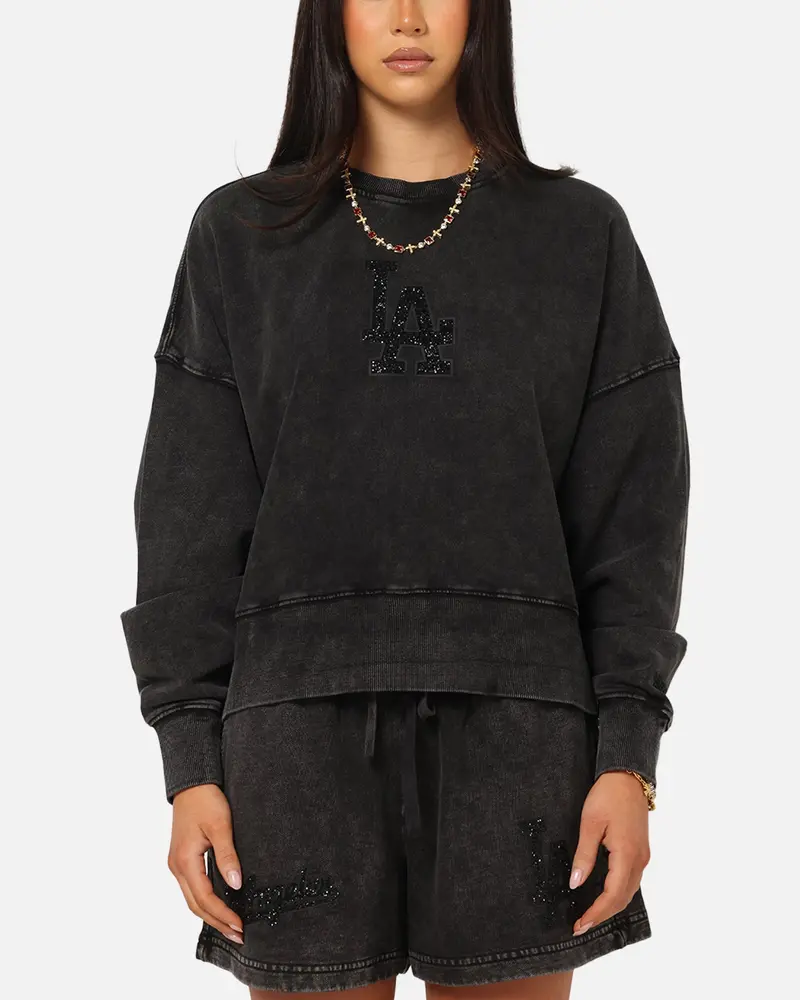 Pro Standard Women's Los Angeles Dodgers Washed Crystaline Crewneck Washed Black 1
