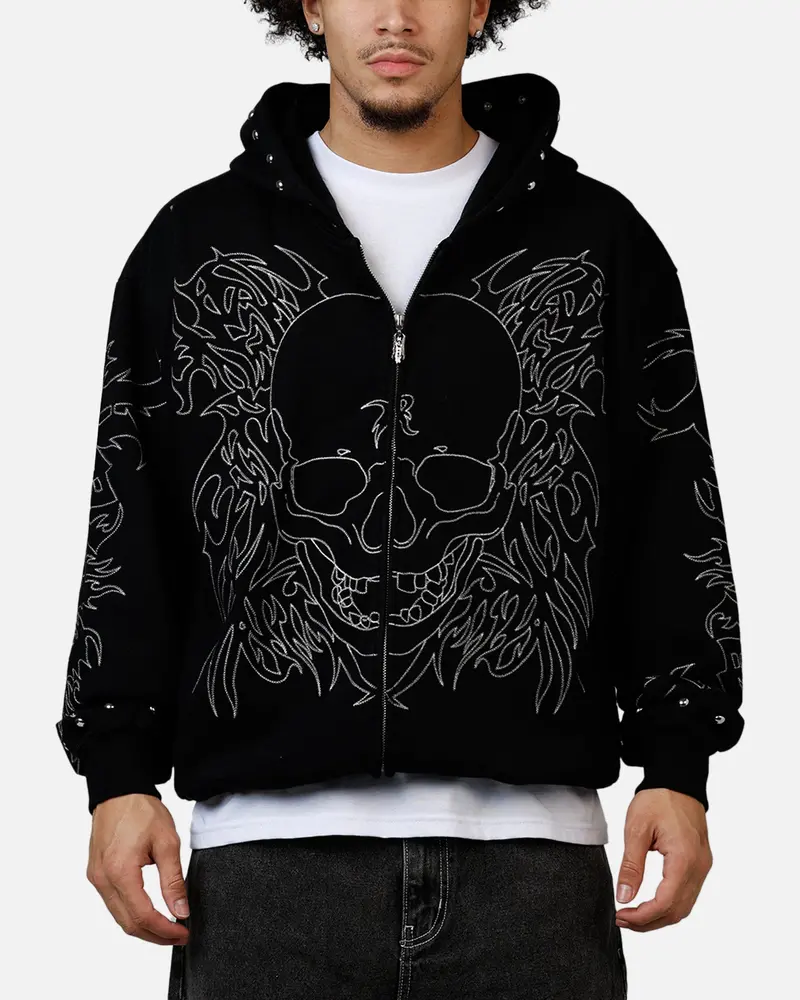 Revenge Tribal Skull Studded Zip Hoodie Black 1