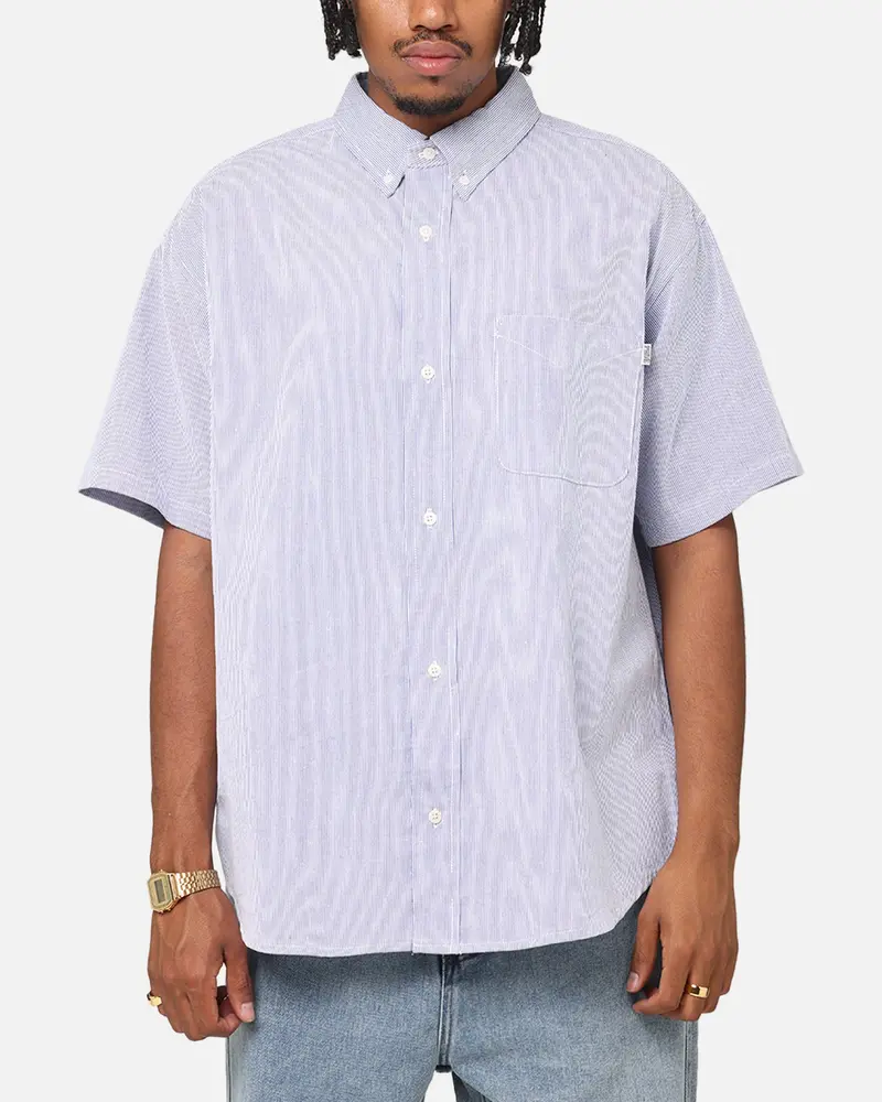 S Double Classic Oxford Button Up Shirt Navy Stripe 1