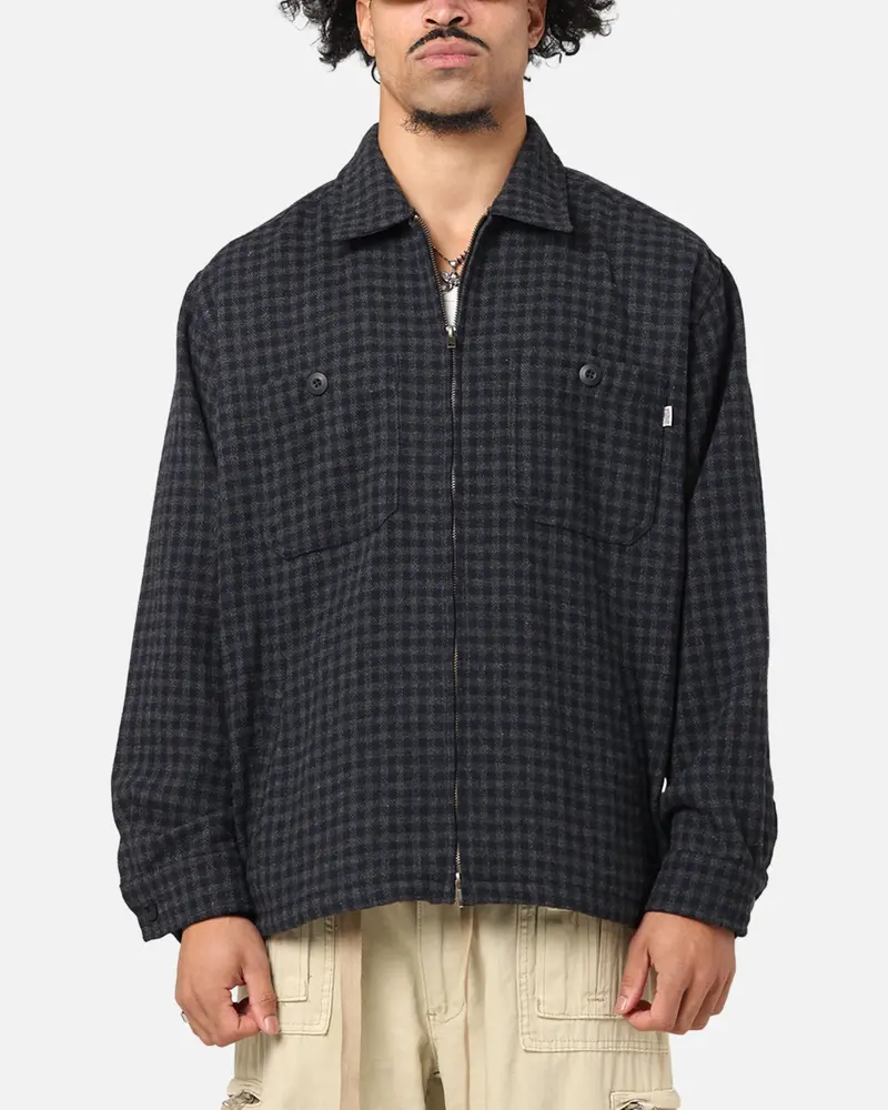 S Double Plaid Zip Through Long Sleeve Shirt Brown 1
