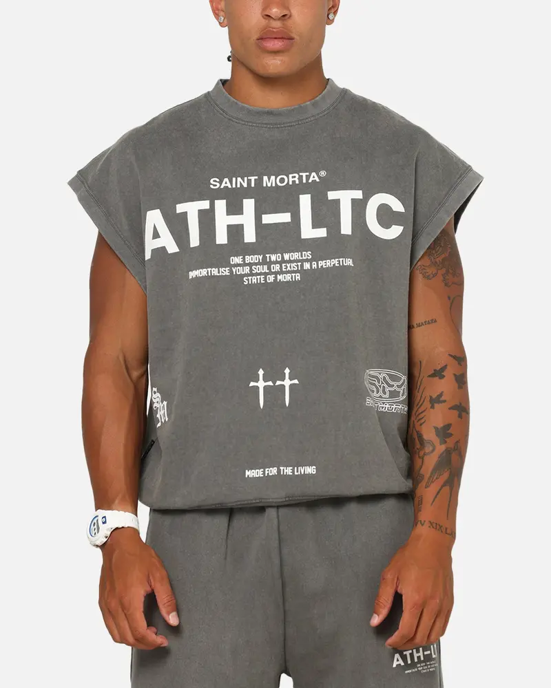 Saint Morta Athletc Cut Off Sweat T-Shirt Washed Charcoal 1