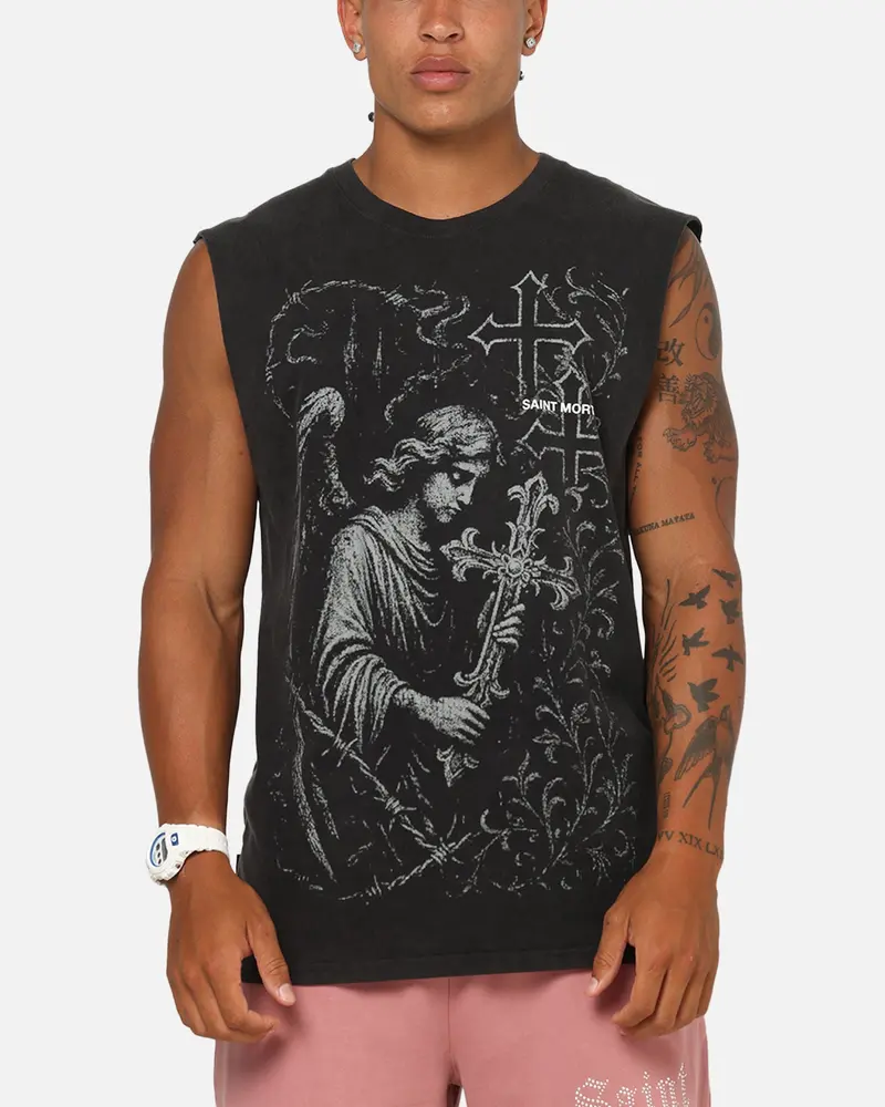 Saint Morta Cross Bearer Oversized Muscle T-Shirt Vintage Black 1