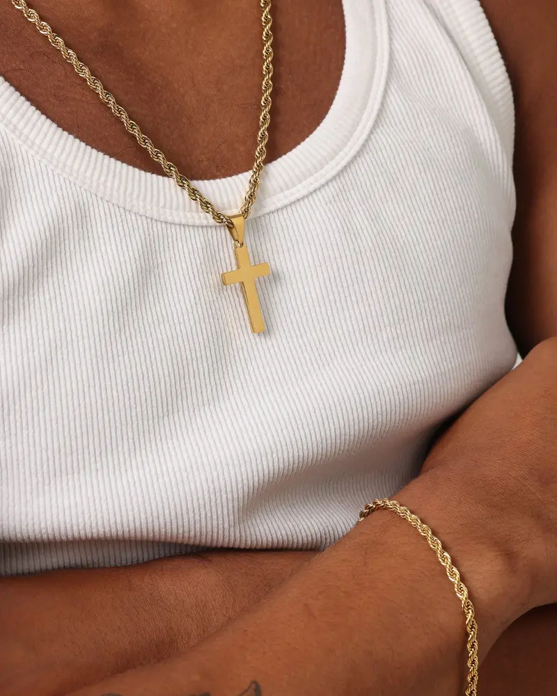 Saint Morta Cross Pendant Rope Chain & Bracelet Bundle Gold 2