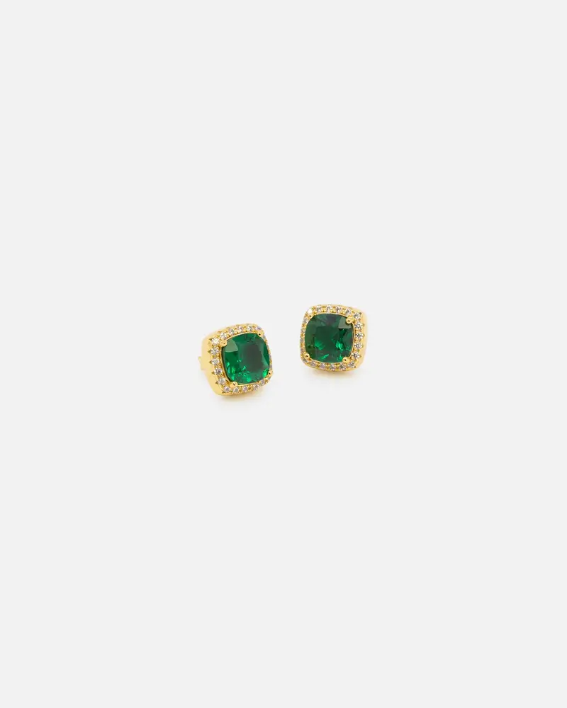 Saint Morta Cushion Cut Halo Earrings Iced Gold/Emerald 1