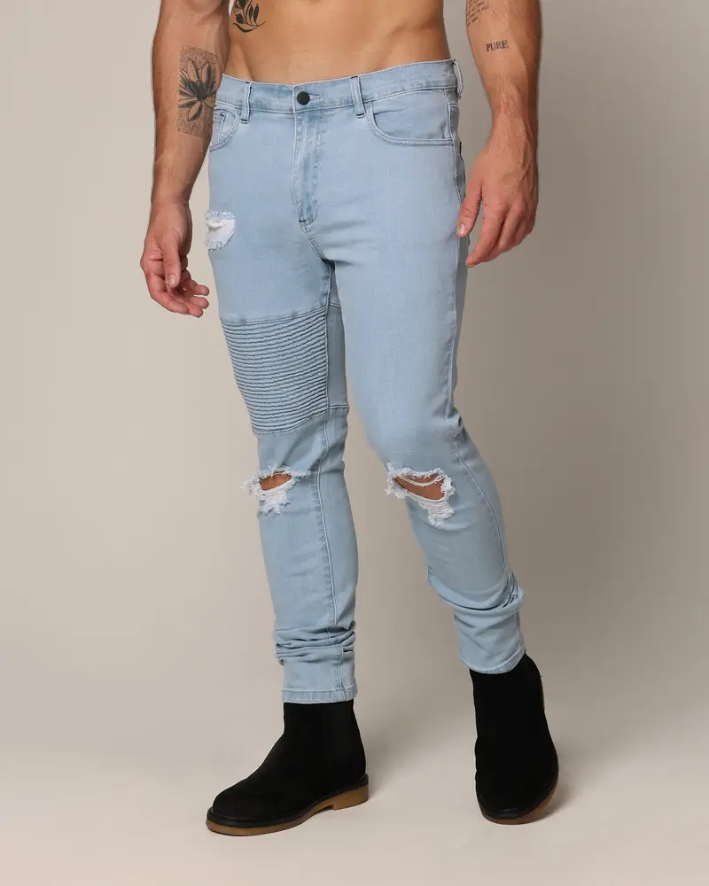 Saint Morta Men's Index Distressed Biker Jeans Light Blue 1