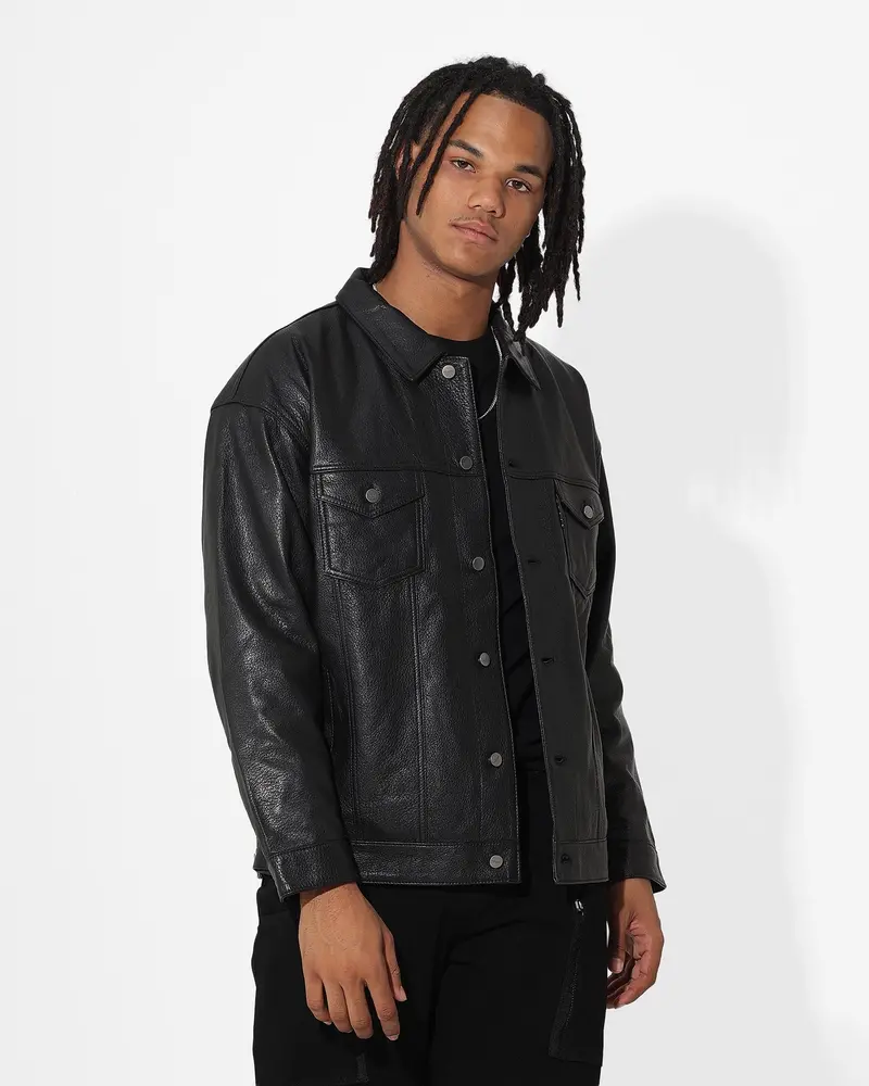 Saint Morta Oversized Leather Trucker Jacket Black 1