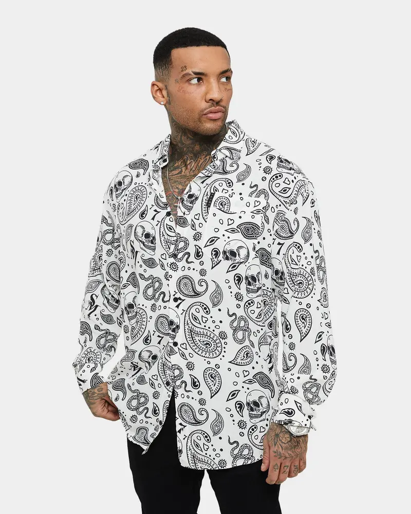 Saint Morta Paisley Skulls Long Sleeve Button Up Shirt White/Black 1