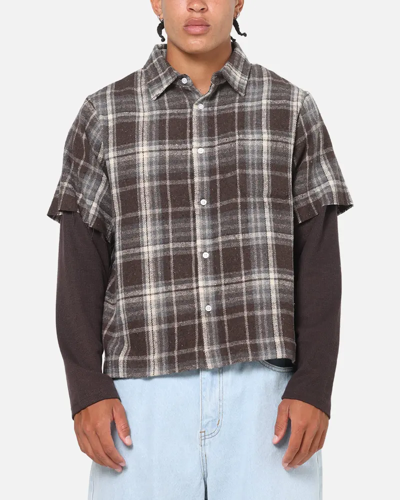 Saint Morta Plaid Layered Long Sleeve Button Up Shirt Brown 1