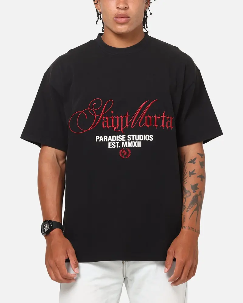 Saint Morta Regal Scripture Boxy T-Shirt Black Acidwash 1