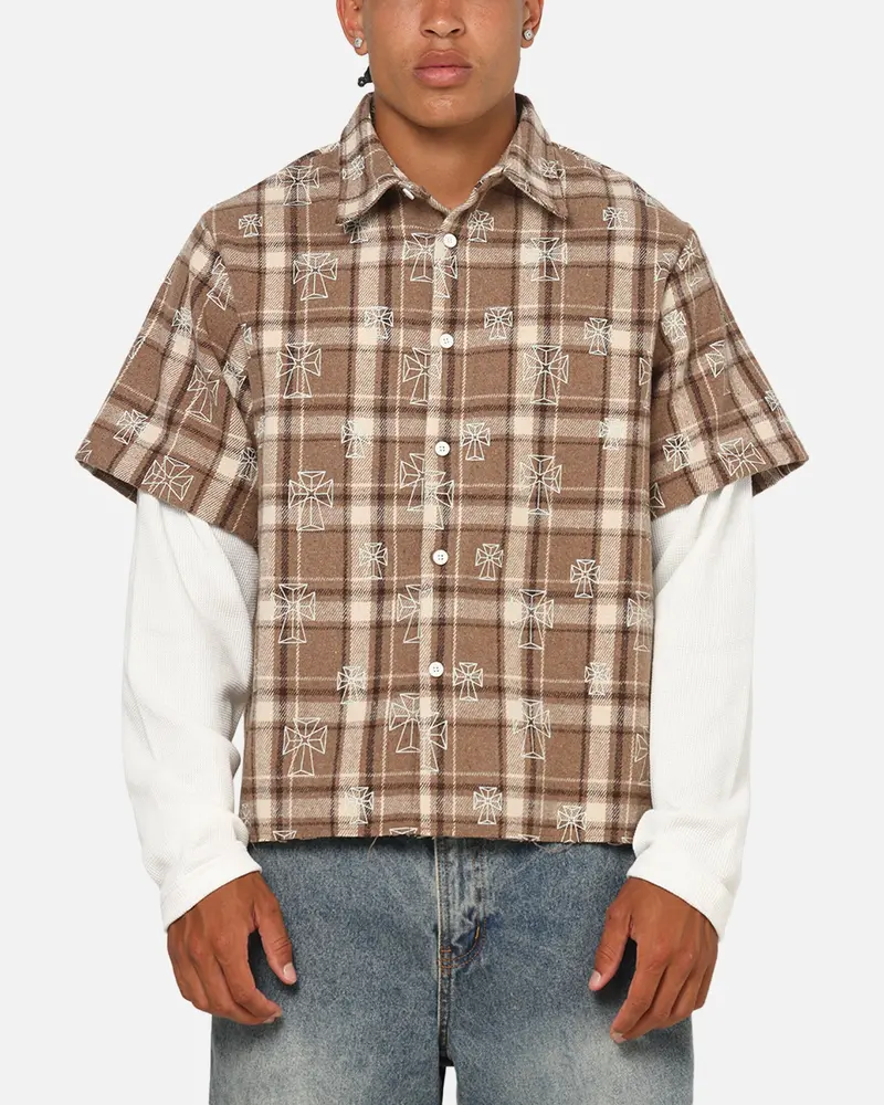 Saint Morta Sanctuary Layered Button Up Shirt Brown 1