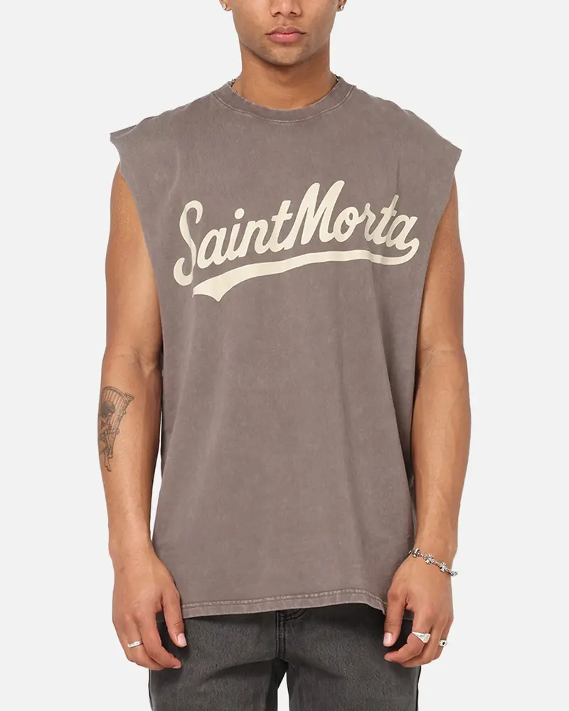 Saint Morta Script Oversized Muscle T-Shirt Washed Brown 1