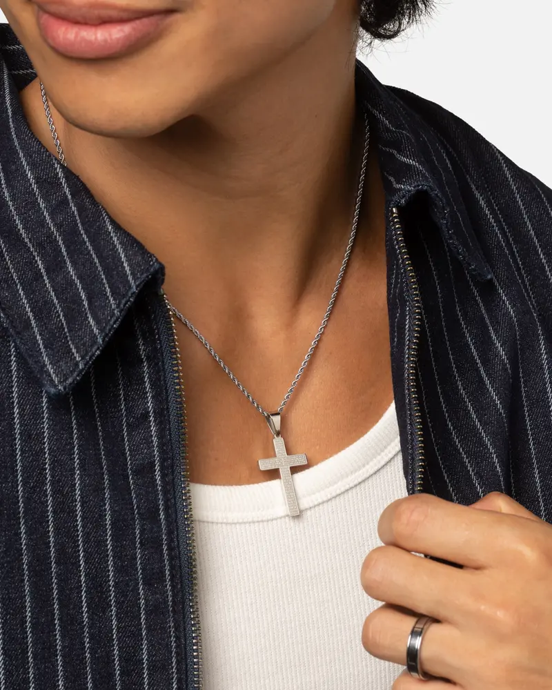 Saint Morta Textured Cross Pendant Chain White Gold 2