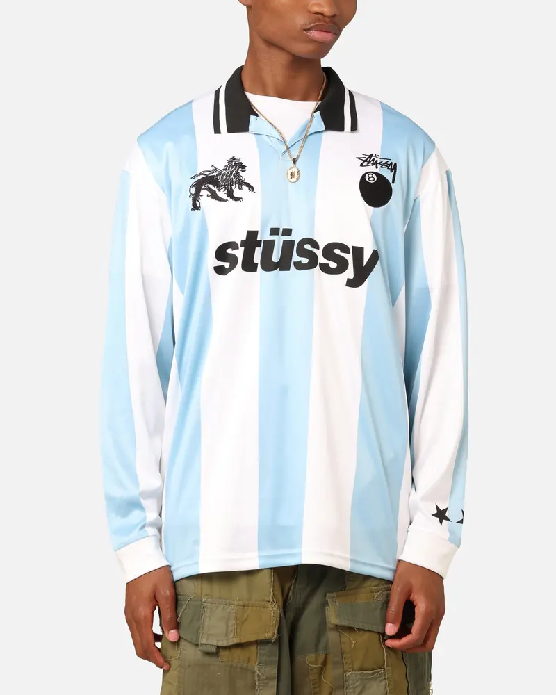 Stüssy Football Polo Long Sleeve T-Shirt Blue/White 1