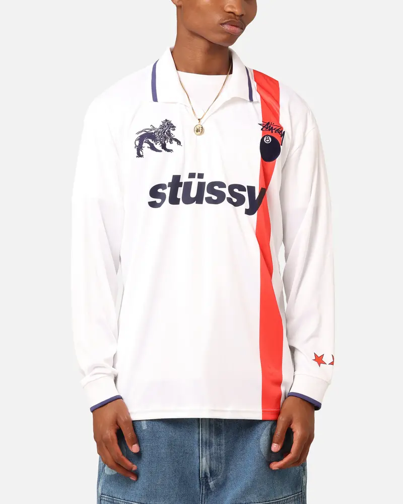 Stüssy Football Polo Long Sleeve T-Shirt White/Red Stripe 1