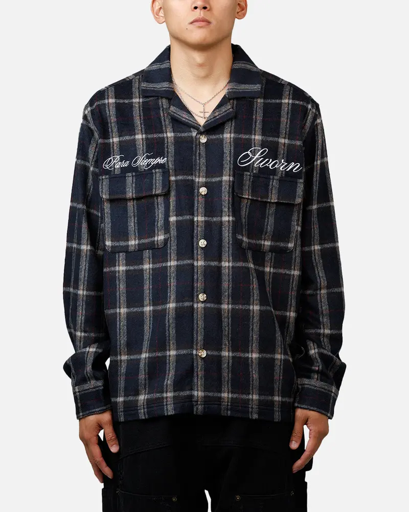 Sworn To Us Lotus Angel Flannel Button Up Shirt Navy 1