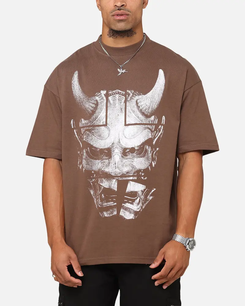 The Anti Order Oni Mask Mock Neck T-Shirt Brown 1