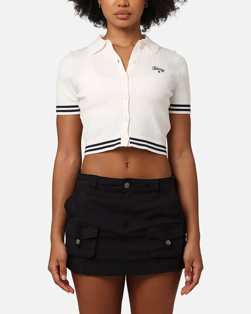 Tommy Jeans Women's Cropped Script Rib Polo Shirt Ancient White 1