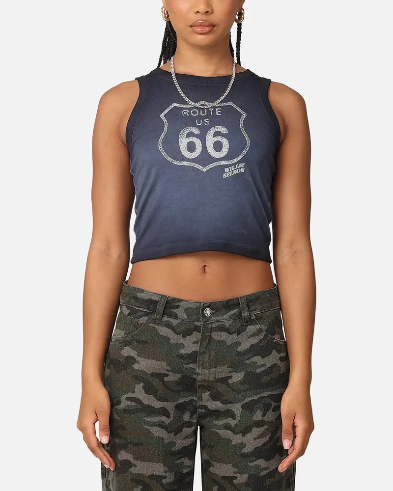 Willie Nelson Women's Route 66 Sunfade Cropped Tank Black Wash 1