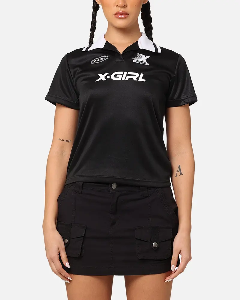 X-Girl Women's Solid Football Short Sleeve Polo Shirt Black/White 1
