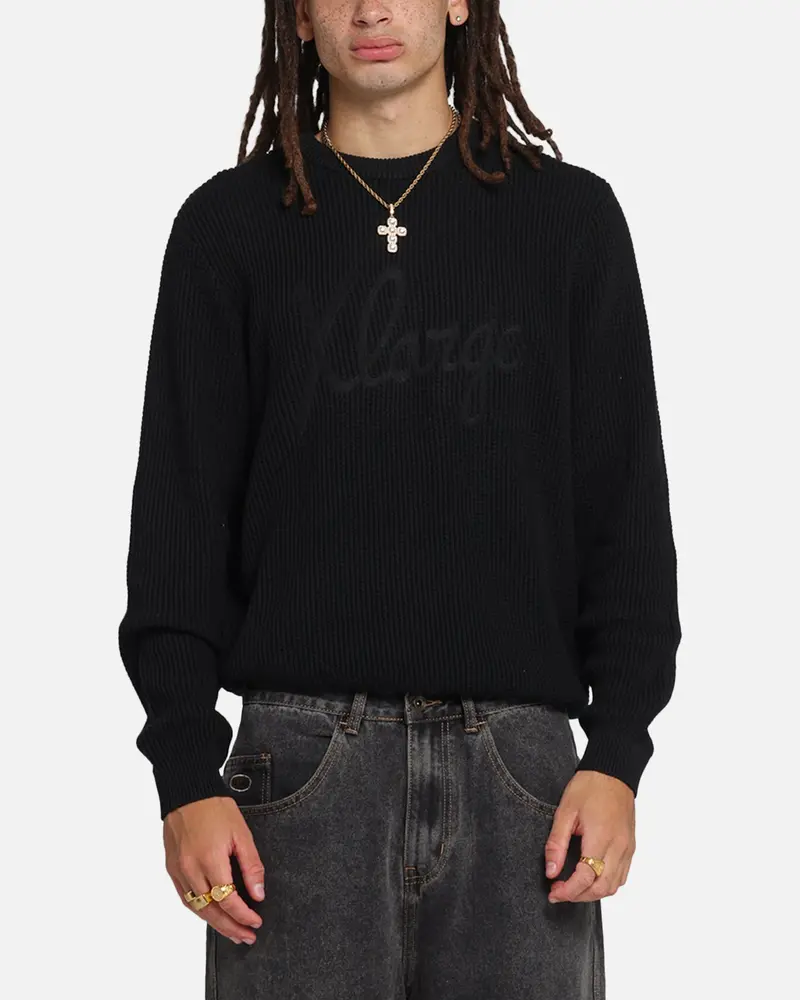 X-Large Script Waffle Knit Sweater Black 1