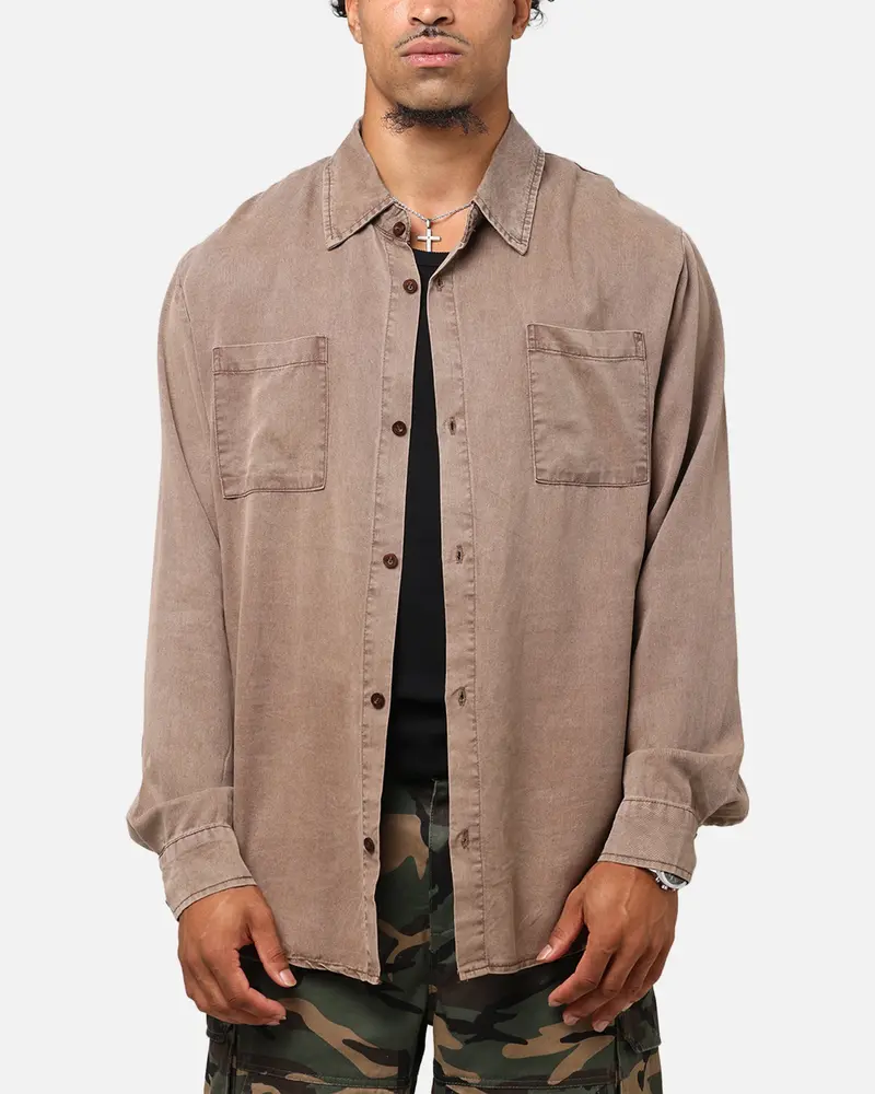 Xxiii Acid Wash Button Up Over Shirt Washed Brown 1