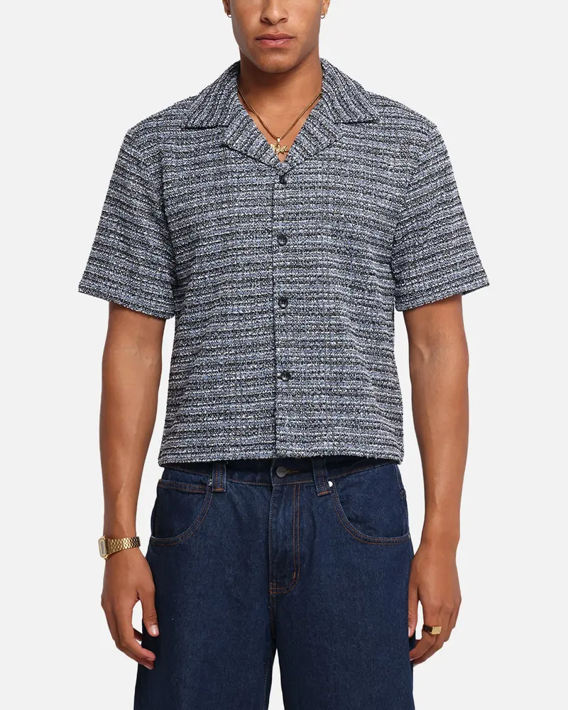 Xxiii Boucle Tweed Crop Button Up Shirt Black/White/Blue 1