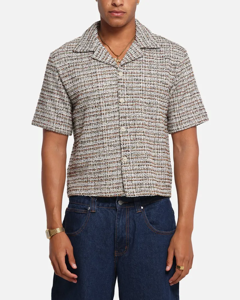 Xxiii Boucle Tweed Crop Button Up Shirt Cream/Brown 1