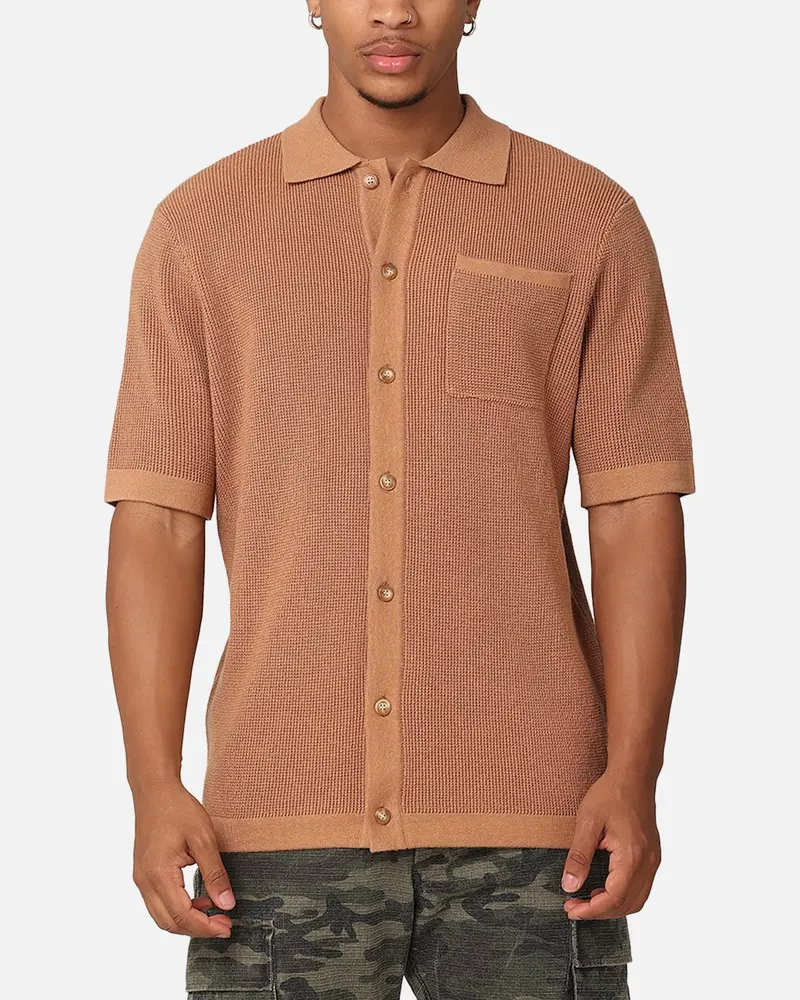 Xxiii Zyair Knit Rib Button Up Shirt Mocha 1