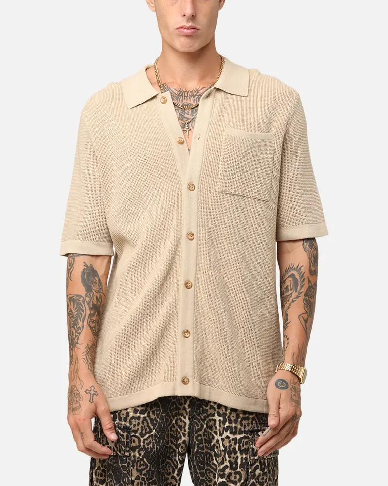 Xxiii Zyair Knit Rib Button Up Shirt Tan 1
