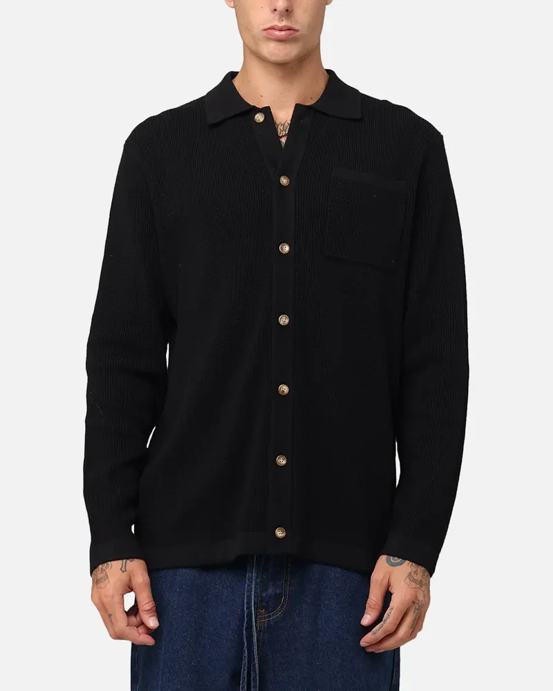 Xxiii Zyair Knit Rib Long Sleeve Button Up Shirt Black 1