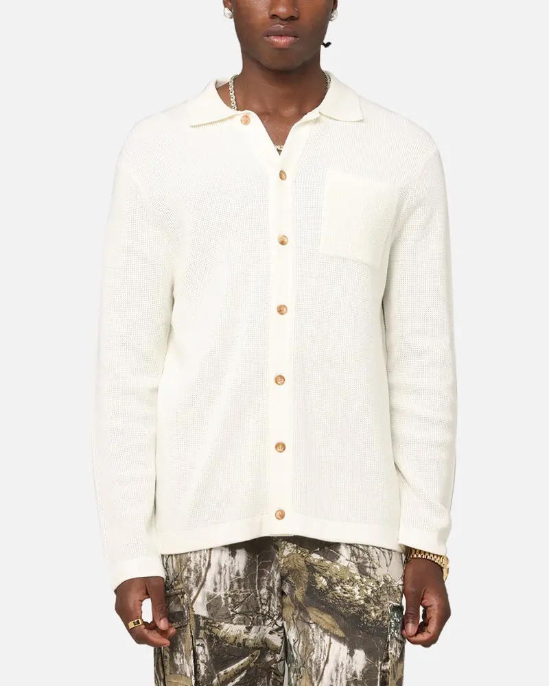 Xxiii Zyair Knit Rib Long Sleeve Button Up Shirt Cream 1